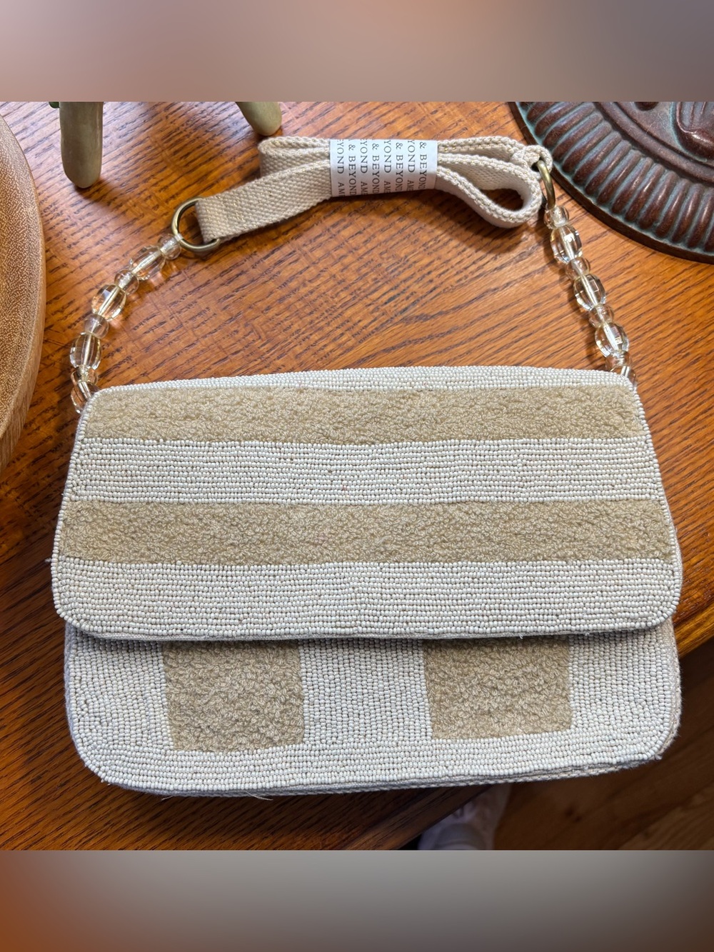 AMERICA & BEYOND beaded textile shoulder bag. NEW WITH TAGS ivory gold tan